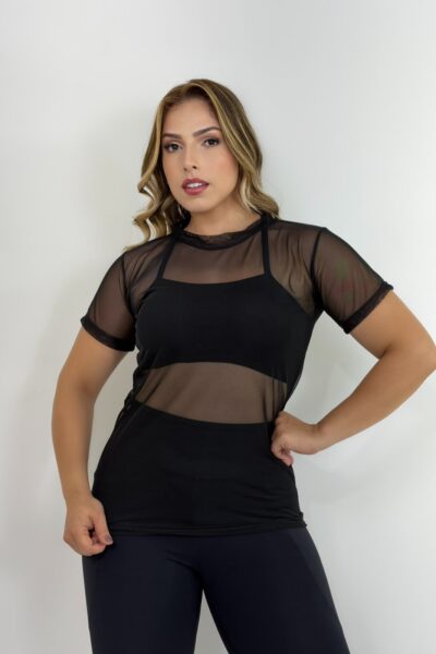 Blusa Feminina Tule Transparente Manga Curta Flythom