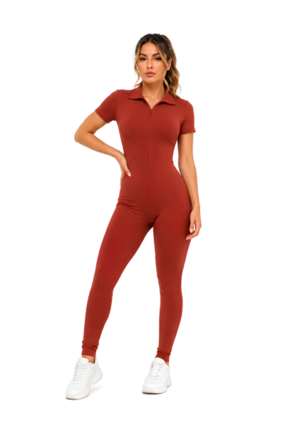 Macacão Feminino Longo Anna Manga Curta Canelado Premium